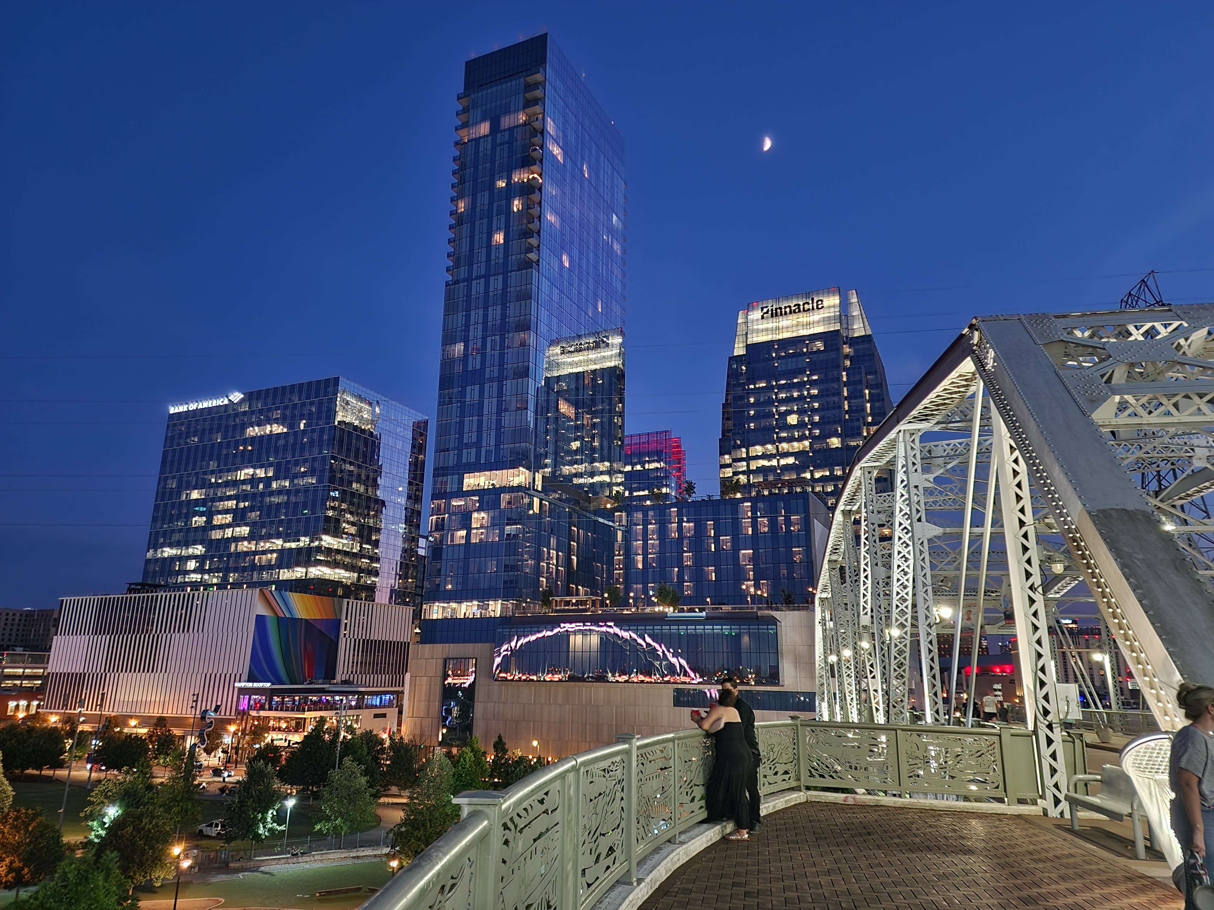 The downtown Nashville skyline viewed from the John Seigenthaler Pedestrian Bridge.