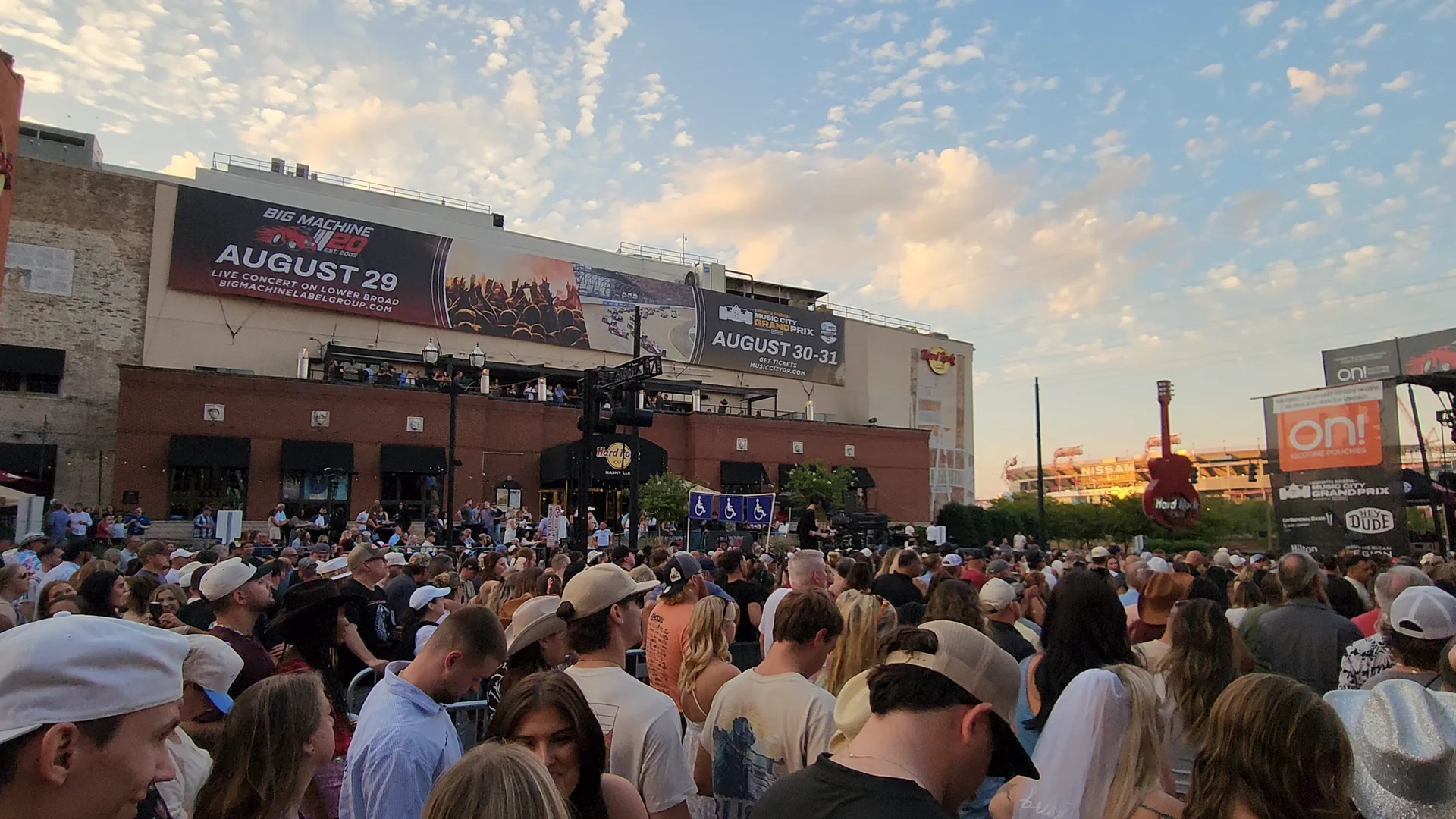 A large event crowd near Lower Broadway and the Hard Rock Cafe in downtown Nashville.